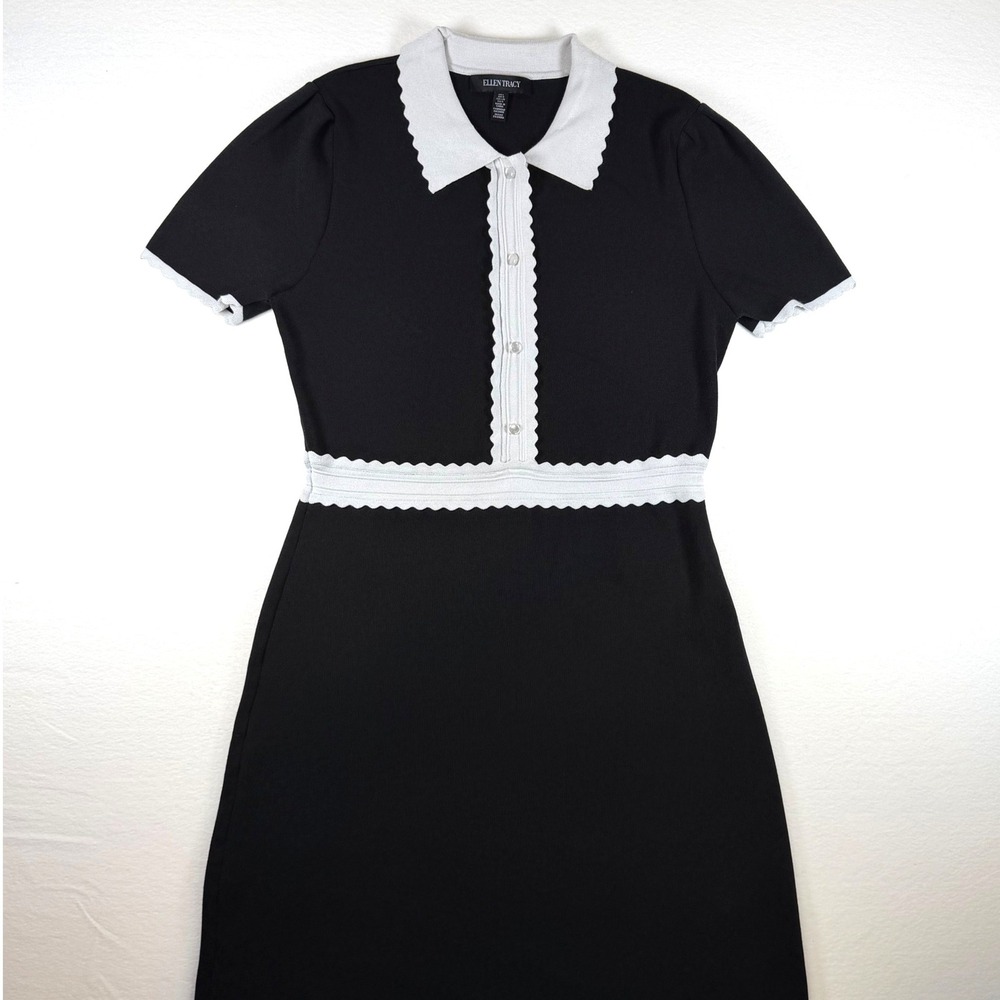 Ellen Tracy Womens Black White Scalloped Knit Dress Short Sleeve Large